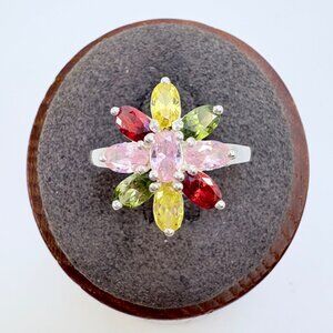Multi-Gemstone Flower Design Statement Ring VTG Sterling Silver 925 Size 7